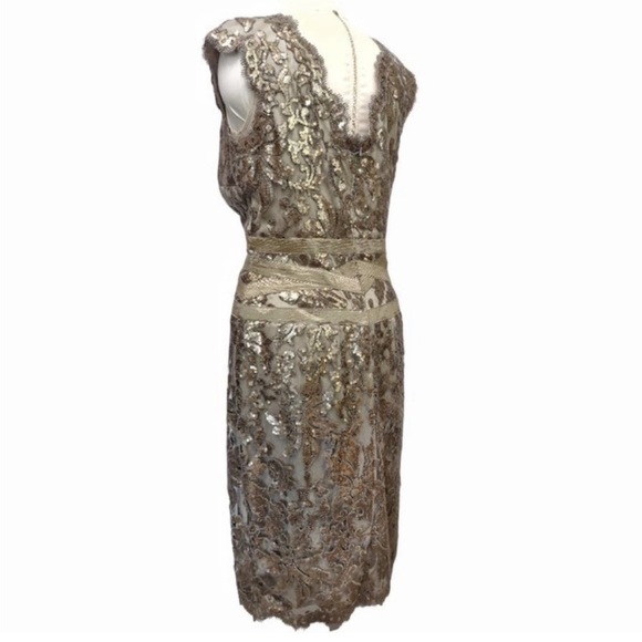 Tadashi Shoji Gold Pailliette Embroidered Lace Sequin V-Neck Dress Sz16 - Picture 6 of 11